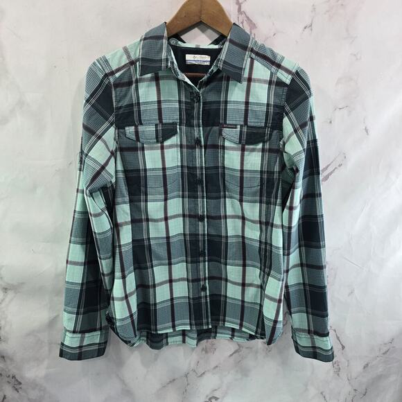 Columbia Shirt Womens Medium Blue Vented Long Sleeve Camp Button Plaid - Picture 1 of 11